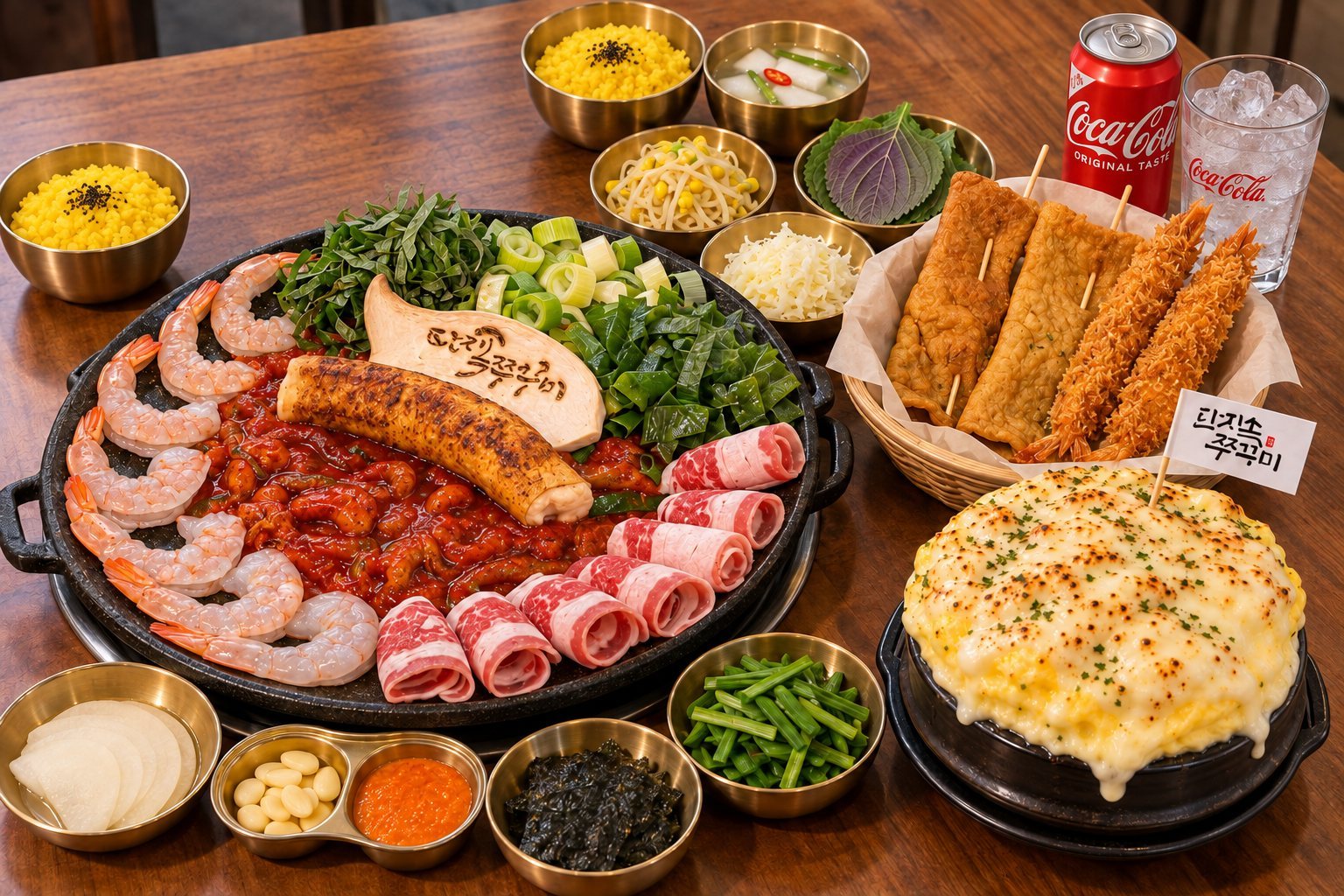 새우·대창·우삼겹·양념 쭈꾸미를 둘러 담은 철판과 오뎅꼬지·새우튀김·치즈 계란찜·콜라 상차림