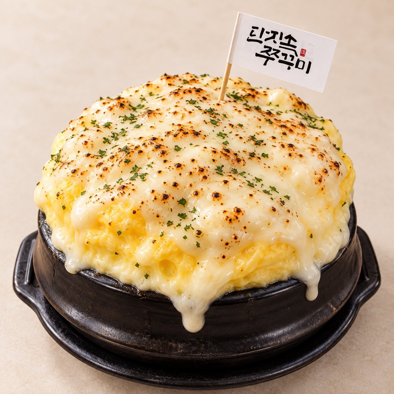 뚝배기 위로 부풀어 오른 치즈 계란찜과 '단지속쭈꾸미' 깃발