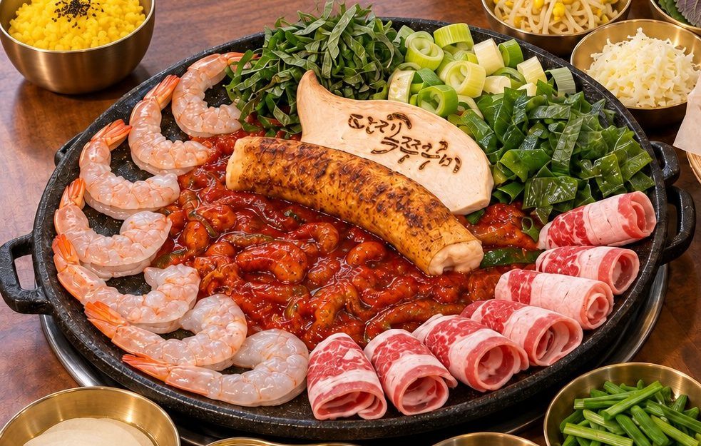 새우·대창·우삼겹·양념 쭈꾸미·깻잎·대파를 둘러 담은 볶기 전 철판
